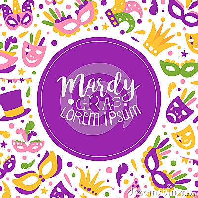 Bright Mardi Gras or Fat Tuesday Carnival Celebration with Mask and Feather Vector Card Template Vector Illustration