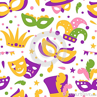 Bright Mardi Gras or Fat Tuesday Carnival Celebration with Mask and Feather Vector Seamless Pattern Template Vector Illustration