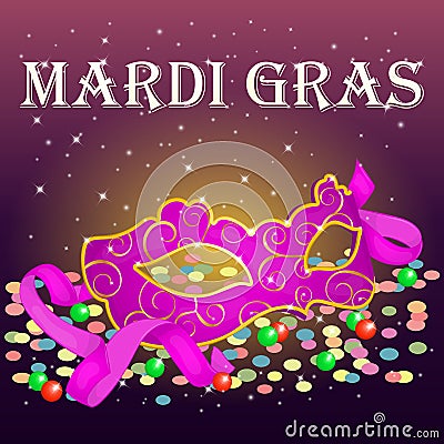 Bright Mardi Gras Poster template with carnival mask, confetti and beads . Vector Illustration