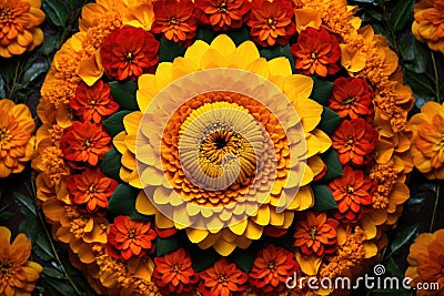 bright marigold flowers forming a mandala Stock Photo