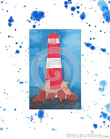 Bright marine red lighthouse on the sea rocks isolated on a white background with blue spray Stock Photo