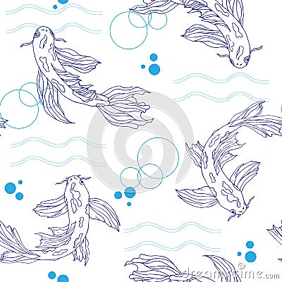 Bright marine seamless pattern with contour blue fishes. Hand-drawn illustration on white background for your design Vector Illustration