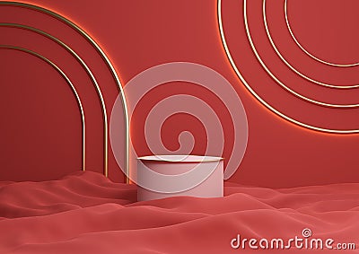 Bright maroon, dark red 3D rendering luxurious product display cylinder podium or stand with golden lines Stock Photo