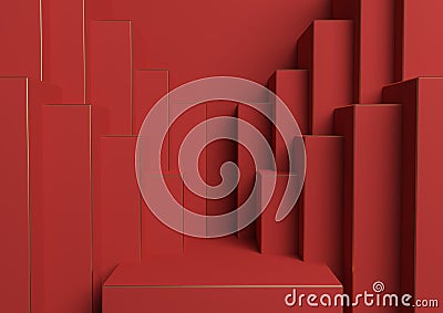 Bright maroon, dark red 3D rendering product display podium or stand simple, minimal, symmetrical, geometric background or Stock Photo