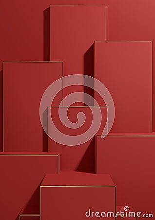 Bright maroon, dark red 3D rendering simple, minimal, geometric background product display pedestal golden lines for luxury Stock Photo