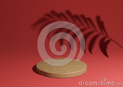 Bright maroon, dark red simple 3D render minimal natural product display composition with one wood podium or stand with palm leaf Stock Photo