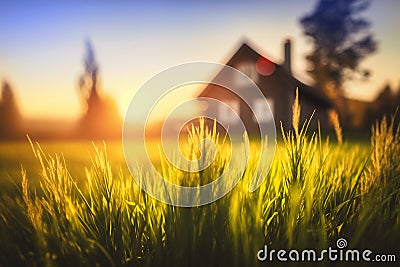 Bright meadow grass at dawn with a rustic house in the background Stock Photo