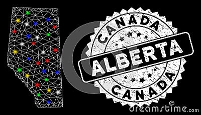 Bright Mesh Carcass Alberta Province Map with Flash Spots and Scratched Stamp Seal Vector Illustration