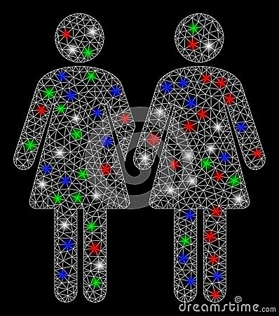 Bright Mesh Wire Frame Lesbi Couple with Flash Spots Vector Illustration