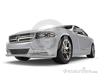 Bright metallic silver modern fast car - low angle epic shot Stock Photo