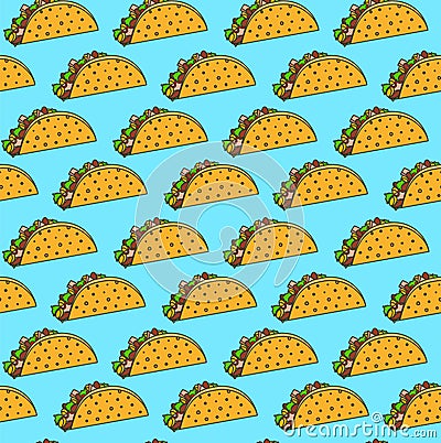 Bright mexican fastfood seamless pattern with tacos on blue background Stock Photo