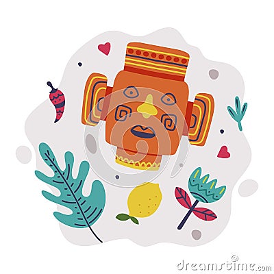 Bright Mexico Object with Aztec Wooden Carved Mask and Foliage Element Vector Composition Vector Illustration