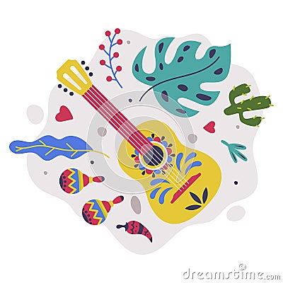 Bright Mexico Object with Guitar, Maraca and Foliage Element Vector Composition Vector Illustration