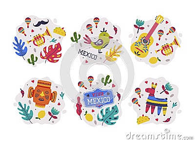 Bright Mexico Object with Pinata, Guitar and Mask Element Vector Composition Set Stock Photo