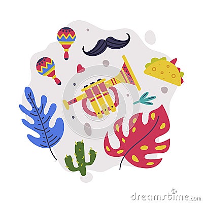 Bright Mexico Object with Trumpet, Moustache and Foliage Element Vector Composition Vector Illustration