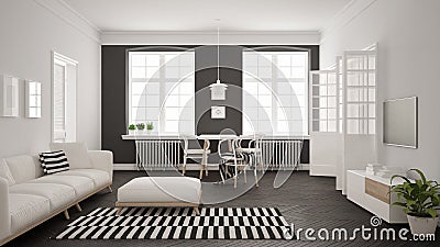 Bright minimalist living room with sofa and dining table, scandinavian white and gray interior design Stock Photo