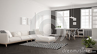 Bright minimalist living room with sofa and dining table, scandinavian white and gray interior design Stock Photo