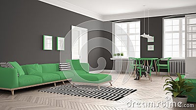 Bright minimalist living room with sofa and dining table, scandinavian white and green interior design Stock Photo