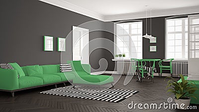 Bright minimalist living room with sofa and dining table, scandinavian white and green interior design Stock Photo