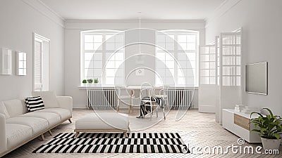 Bright minimalist living room with sofa and dining table, scandinavian white interior design Stock Photo