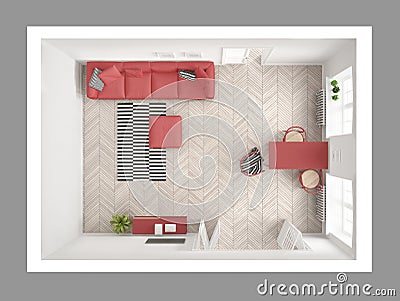 Bright minimalist living room with sofa and dining table, scandinavian white and red interior design, top view Stock Photo