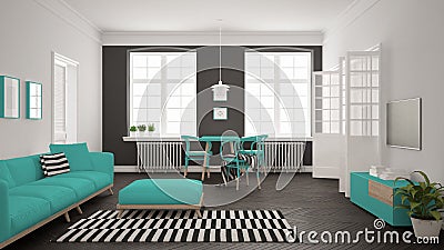 Bright minimalist living room with sofa and dining table, scandinavian white and turquoise interior design Stock Photo