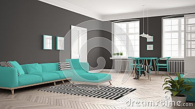 Bright minimalist living room with sofa and dining table, scandinavian white and turquoise interior design Stock Photo