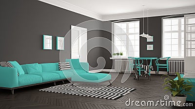 Bright minimalist living room with sofa and dining table, scandinavian white and turquoise interior design Stock Photo