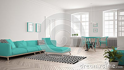 Bright minimalist living room with sofa and dining table, scandinavian white and turquoise interior design Stock Photo