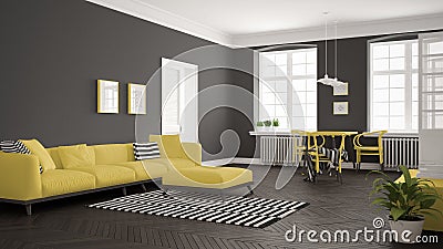 Bright minimalist living room with sofa and dining table, scandinavian white and yellow interior design Stock Photo