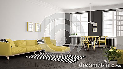Bright minimalist living room with sofa and dining table, scandinavian white and yellow interior design Stock Photo