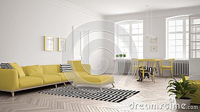Bright minimalist living room with sofa and dining table, scandinavian white and yellow interior design Stock Photo