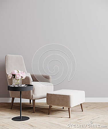 Bright minimalistic empty room interior design with luxury pink chair and light gray wall, empty room mock up, 3d rendering Stock Photo