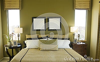 Bright modern clean green bedroom Stock Photo