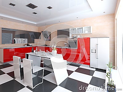 Bright modern kitchen with functional furniture. Stock Photo
