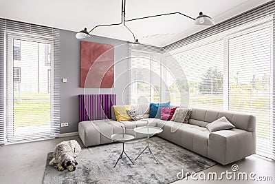 Window blinds, couch and artwork Stock Photo
