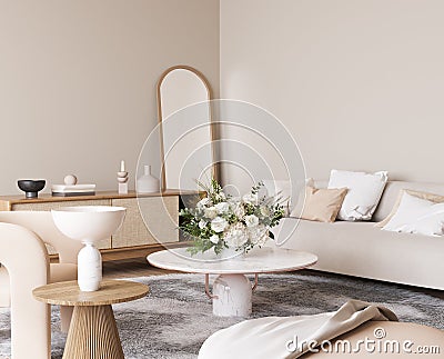 Bright modern living room mockup, beige sofa with marble coffee table and flower vase on white background Stock Photo