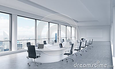 A bright modern panoramic meeting room in a modern office with New York city view. Stock Photo