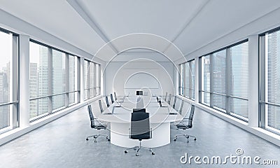 A bright modern panoramic meeting room in a modern office with Singapore view. The concept of the meeting of the Board of Director Stock Photo