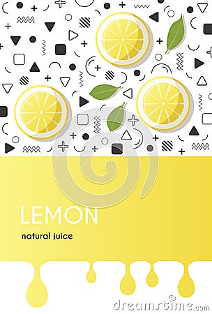 A bright and modern pattern for packing lemons or lemon juice. Trendy 80's style pattern with Memphis elements Vector Illustration