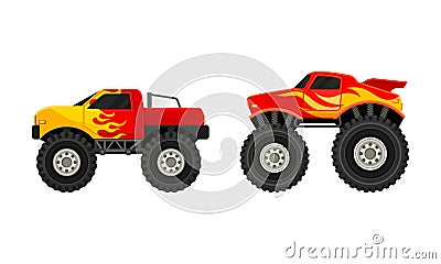 Bright Monster Trucks with Oversized Tires Vector Set Vector Illustration