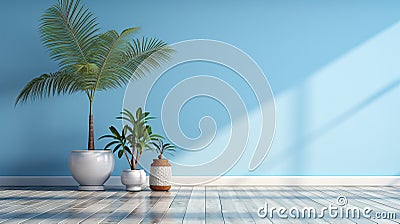 Bright Airy Blue Room Featuring Minimalist Palm Stock Photo