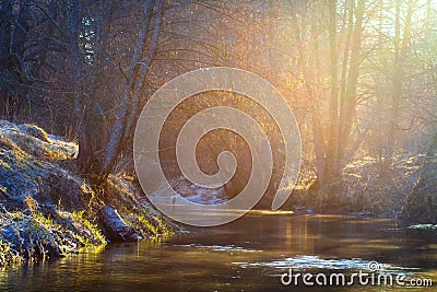 Bright morning sunlight on spring river. Nature landscape Stock Photo
