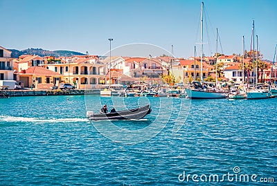 Bright morning view of Lixouri port. Amazing summer seascape of Ionian Sea. Editorial Stock Photo
