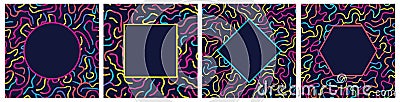 Bright multi color squiggle line square pattern set. Dark solid background. Abstract stroke wavy colourful stripes Vector Illustration