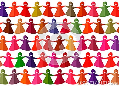 Bright multicolored cut out paper chain female figures Vector Illustration