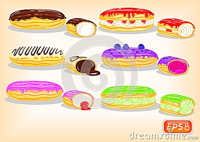 Bright multicolored eclairs with cream Vector Illustration