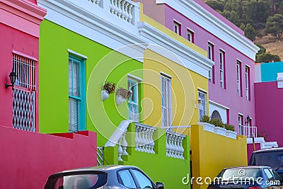 Bright multicolored facades of buildings in Bo-Kaap or Malay Quarter district of Cape Town, South Africa. Stock Photo