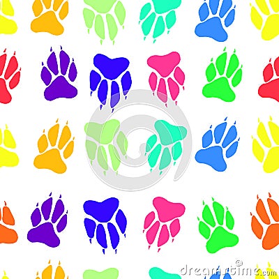 Bright multicolored paw print dog imprint seamless pattern, vect Vector Illustration