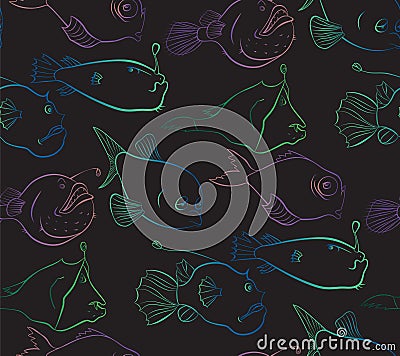 Bright and Mysterious World of Deep-water Fishes. Seamless Pattern Background on Black. Vector Illustration